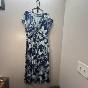 Lands End Maxi Dress SZ XL 18 Tropical Floral Leaves V Neck Hawaiian Vacation